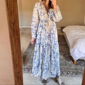 Few Moda Toile Long Sleeve Cotton Tiered Maxi Dess V-Neck Tie Blue Cream M